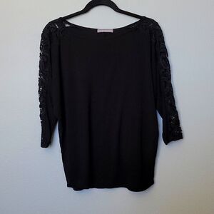 Loveappella Witchy Flirty black boatneck top Lace Inset Sleeves small